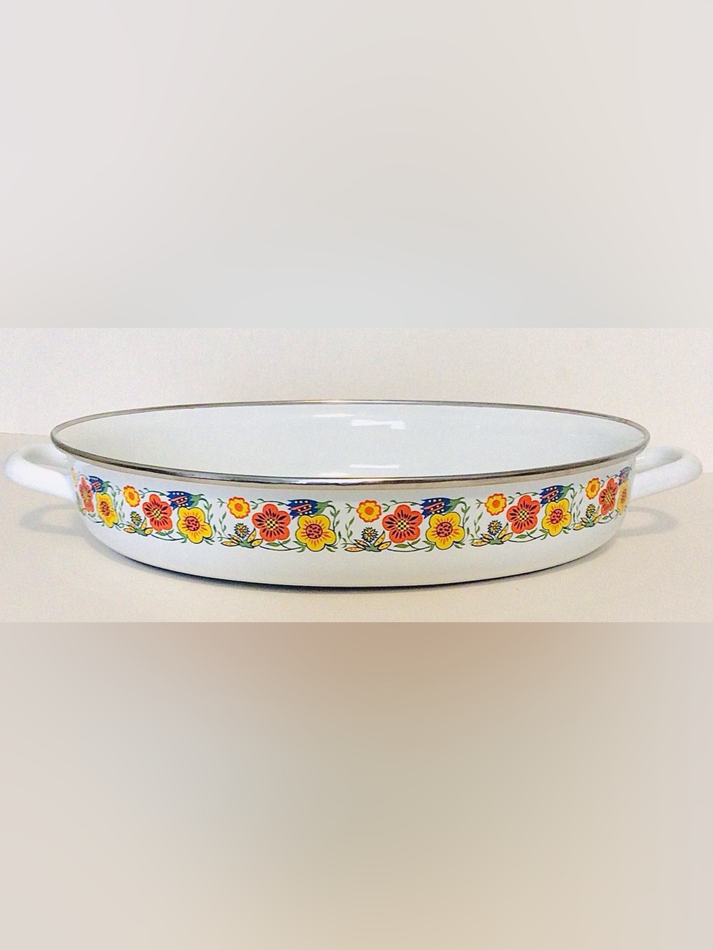 Vintage MCM Flower Power Oval Enamelware Pan Retro 70s Orange Yellow Flowers